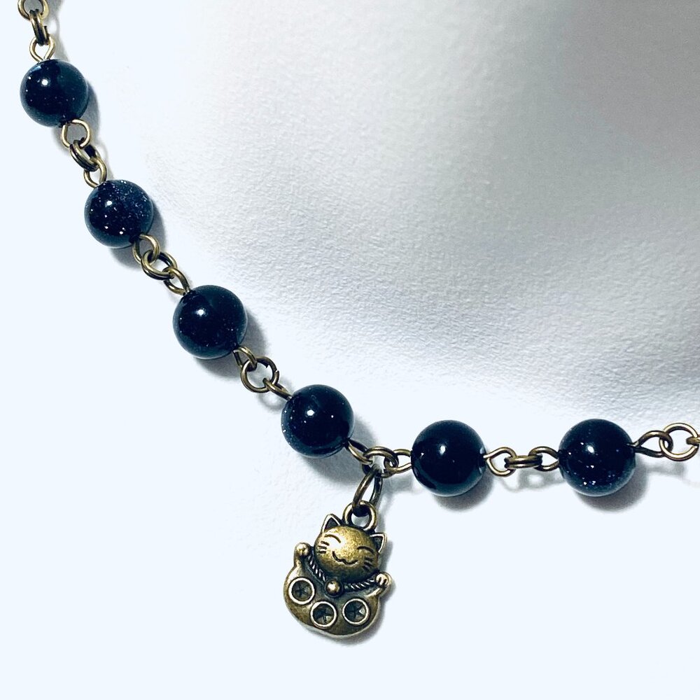 Dark Blue Goldstone Bronze Link Adjustable Short Necklace w/ Fortune Cat Charm